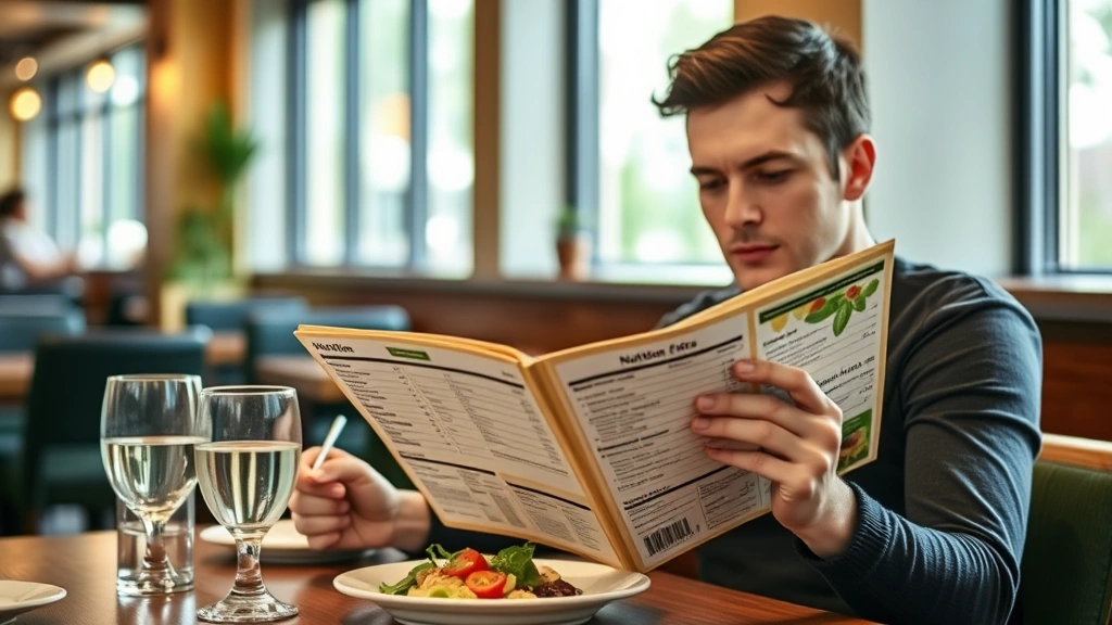 Person reading nutrition label on restaurant menu while sitting at dining table with water glass, thoughtful expression, modern casual dining environment, natural daylight from window, health-conscious dining scene