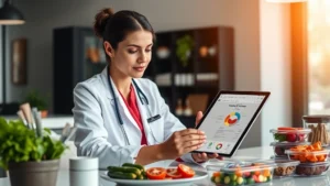 Professional dietitian reviewing nutritional data on tablet at modern nutrition consultation desk, with fresh vegetables and meal prep containers visible, warm clinical lighting, focused expression analyzing health information