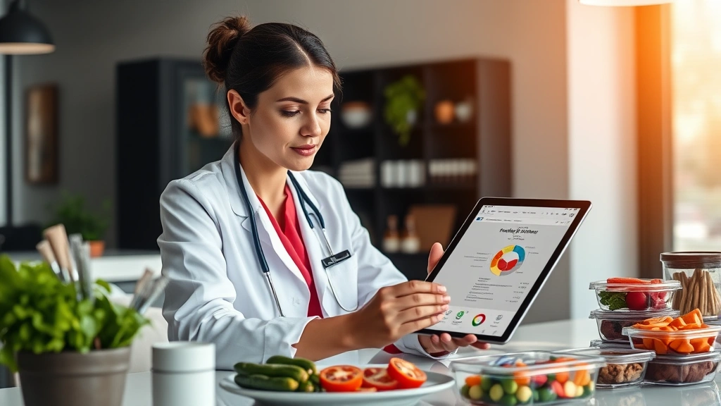 Professional dietitian reviewing nutritional data on tablet at modern nutrition consultation desk, with fresh vegetables and meal prep containers visible, warm clinical lighting, focused expression analyzing health information