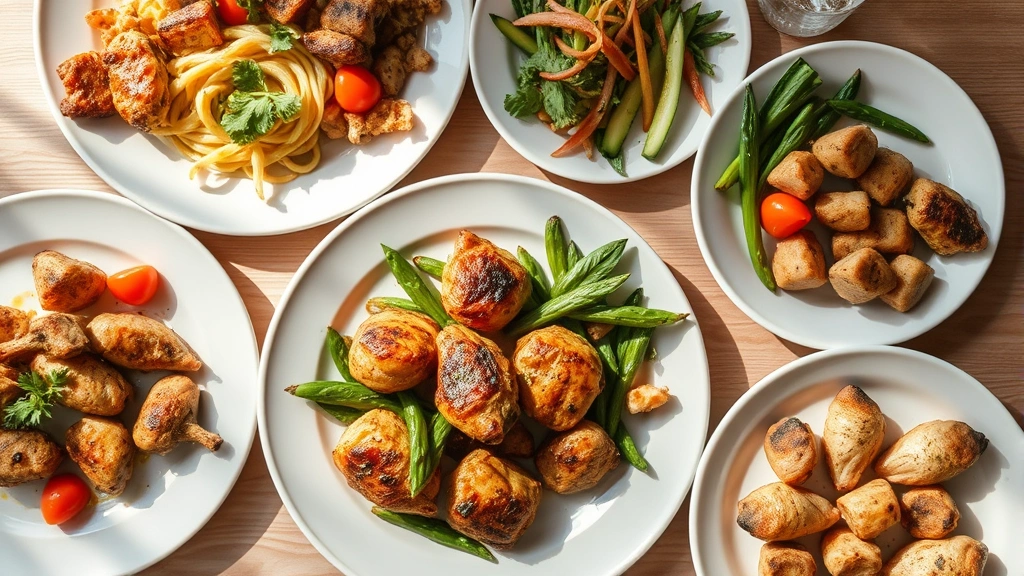 Overhead shot of diverse restaurant meals on white plates showing grilled chicken, fresh vegetables, and lean proteins, natural daylight streaming across table, clean minimalist plating style