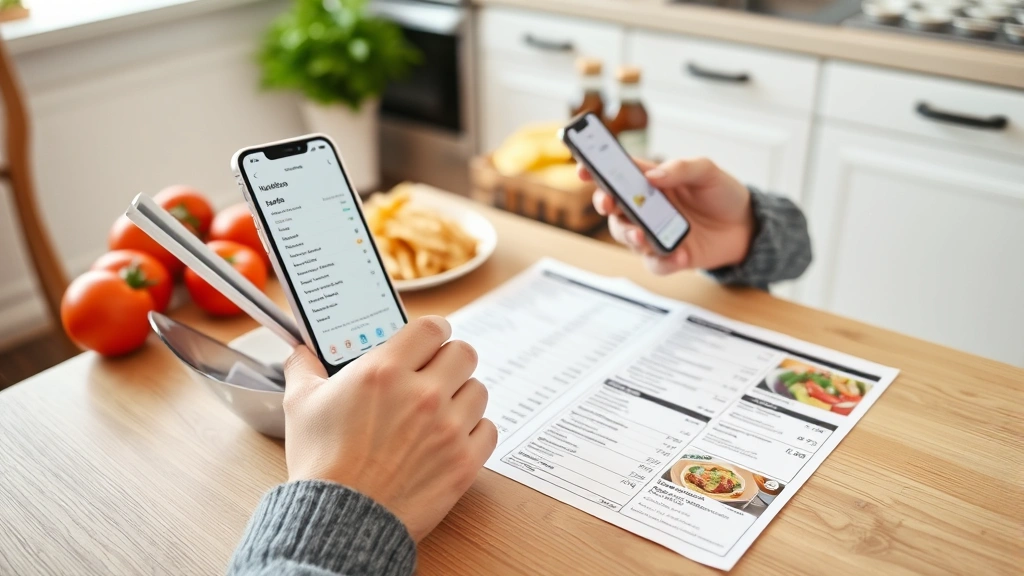 Person comparing food labels and nutritional information documents at kitchen table, holding restaurant menu and smartphone showing nutrition app, organized workspace with healthy food choices visible
