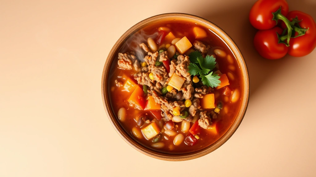 Overhead shot of vibrant chili bowl with beans, ground meat, and colorful vegetables, steam rising, professional food photography, warm lighting, isolated on neutral background