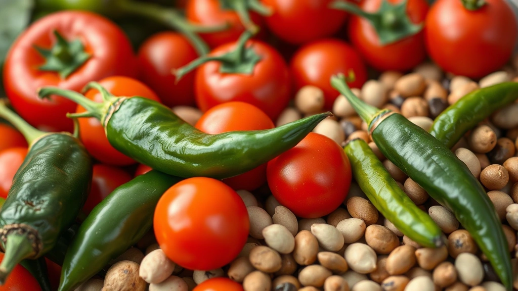 Close-up of fresh chili peppers, tomatoes, and legumes arranged artfully, showing raw ingredients used in traditional chili preparation, natural daylight, shallow depth of field