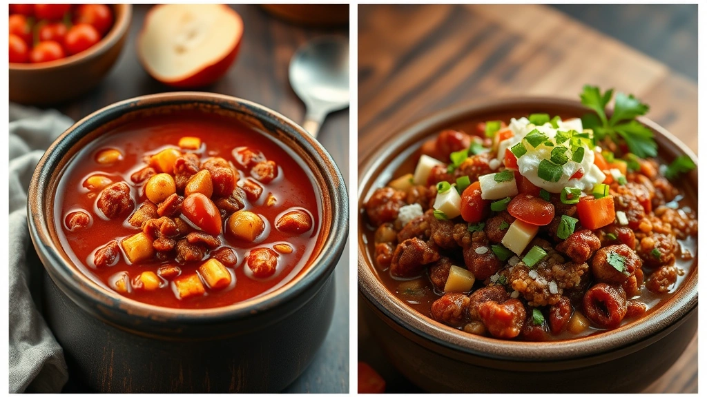 Split-screen comparison showing homemade chili in rustic bowl on left side and restaurant chili with toppings on right side, professional food styling, warm ambient lighting