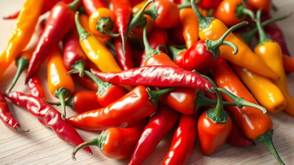 Vibrant assortment of fresh red, orange, and yellow chili peppers arranged on a light wooden surface with natural sunlight highlighting their glossy texture and capsaicin-rich composition