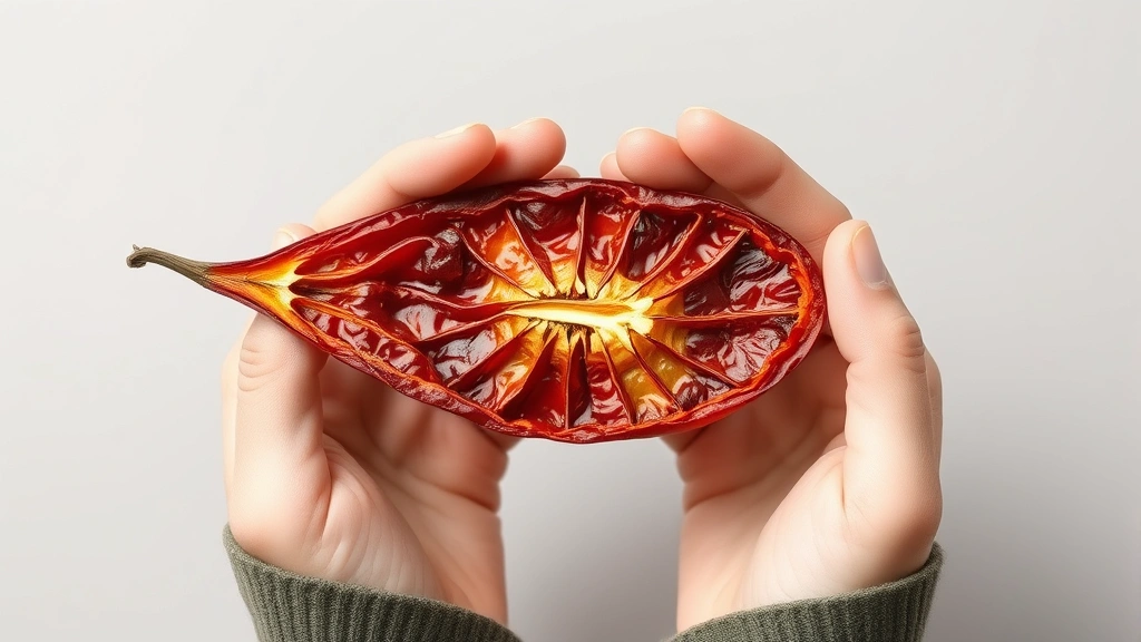 Hands holding a dried red chili pepper cross-section showing internal structure, demonstrating nutrient concentration after dehydration process, against neutral background