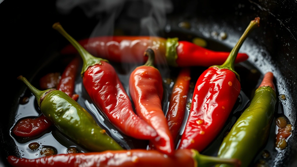 Close-up of sizzling fresh chili peppers cooking in cast iron skillet with olive oil, steam rising, showing preparation method that maximizes nutrient bioavailability and flavor concentration