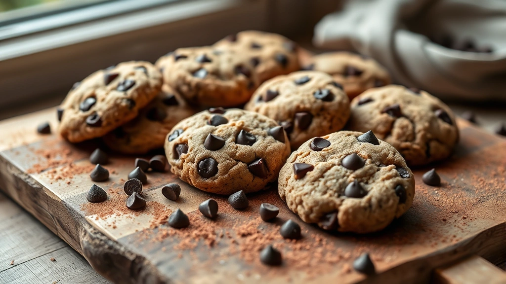 Artisan chocolate chip cookies arranged on rustic wooden board with scattered dark chocolate pieces and cocoa powder dusting, natural window lighting, professional food photography style, shallow depth of field