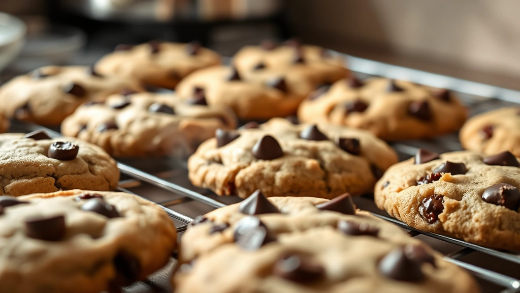 Close-up of freshly baked chocolate chip cookies cooling on wire rack with golden-brown edges and melted chocolate pieces visible, steam rising, warm kitchen lighting, detailed texture focus