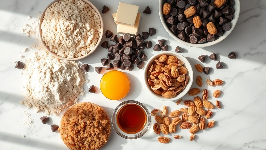 Overhead flat lay of chocolate chip cookie ingredients arranged artistically: whole grain flour, dark chocolate chips, butter, eggs, brown sugar, vanilla extract, and nuts on marble surface with natural window lighting