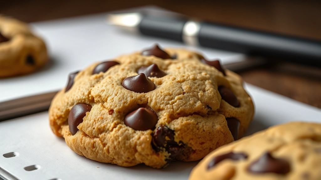 Close-up macro photography of a freshly baked chocolate chip cookie showing texture detail, with blurred background of notebook and pen suggesting nutrition planning or recipe development