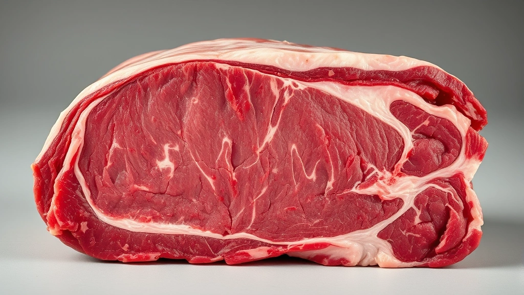 Close-up of raw chuck roast beef cut with visible marbling and fat, professional food photography lighting, isolated on neutral background, showing texture and color depth, no labels or text