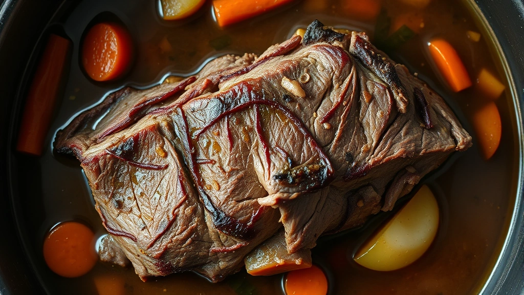 Overhead view of slow-cooked chuck roast with tender meat falling apart, rich brown broth with vegetables like carrots and celery, steam rising, warm kitchen lighting, rustic presentation, no recipe cards or text visible