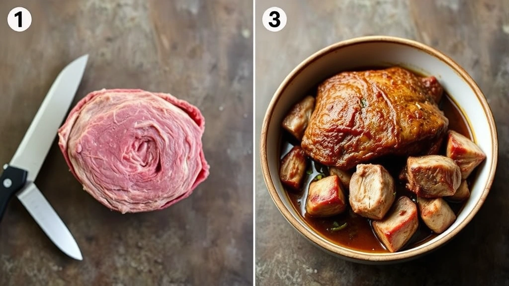 Split-screen comparison showing chuck roast preparation stages: raw cut on left side with knife, finished slow-cooked tender meat on right side in serving bowl, professional culinary photography, neutral background, no instructional text or numbers