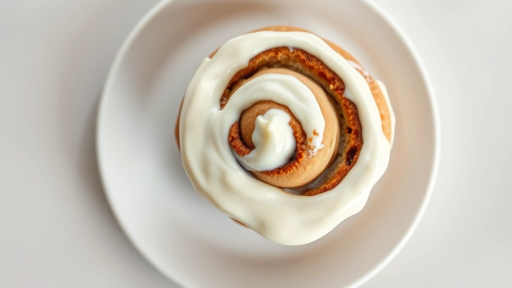 Close-up overhead shot of a classic cinnamon roll with cream cheese frosting on a white ceramic plate, natural soft lighting from the side, shallow depth of field, isolated against neutral background, showing swirled texture detail