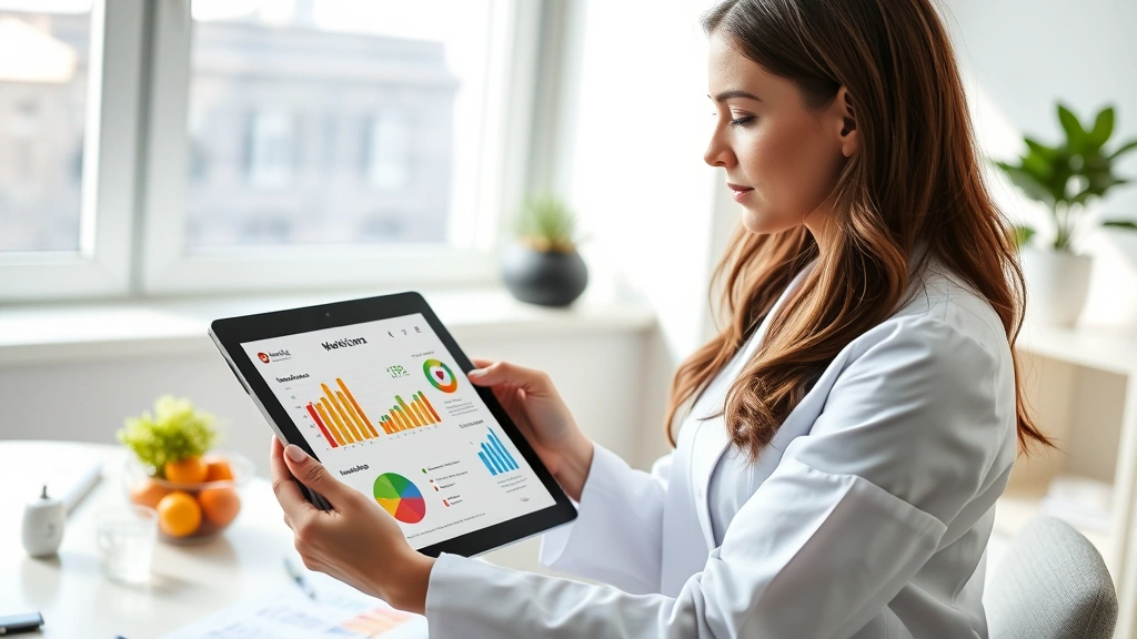 Modern nutritionist reviewing dietary charts and health metrics on tablet in bright clinical office setting, natural daylight from window, professional appearance, papers with nutrition data visible but not readable, focused concentration