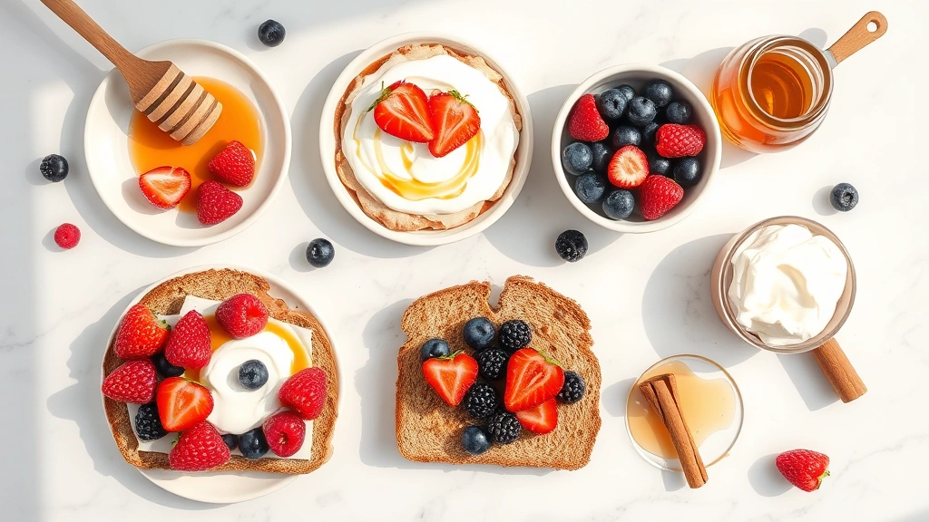 Flat lay composition of healthy breakfast alternatives including whole grain toast, fresh berries, Greek yogurt, honey drizzle, and cinnamon on marble countertop, warm natural lighting, colorful and appetizing presentation