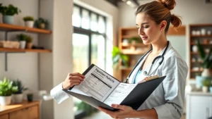 Registered dietitian nutritionist reviewing nutrition labels on clipboard at modern wellness clinic, natural lighting, professional environment, focused expression