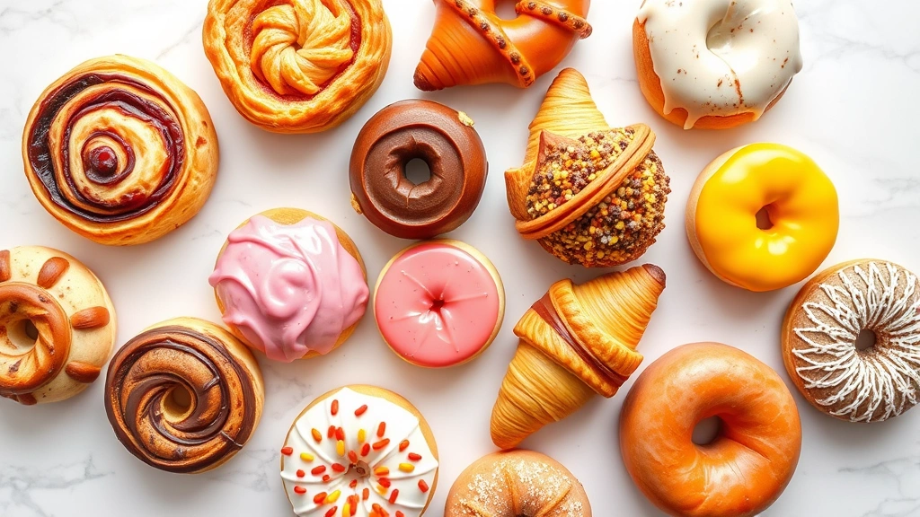 Colorful array of various pastries and baked goods displayed on white marble surface, including cinnamon rolls, croissants, and donuts, showing portion size comparisons