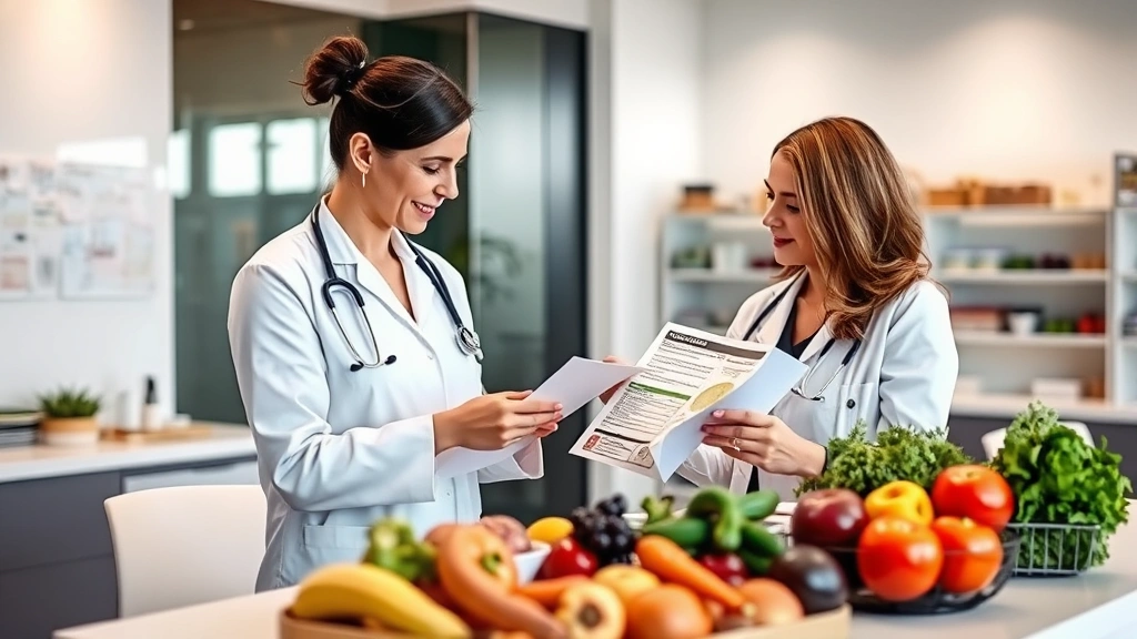 A registered dietitian reviewing nutrition labels and food information at a modern wellness clinic desk with fresh fruits and vegetables visible, professional healthcare setting, natural lighting