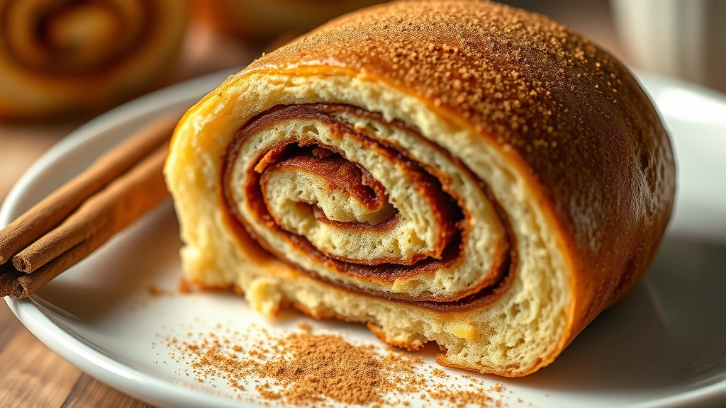 Close-up of a cinnamon roll cross-section showing layers and texture, displayed on a white plate with cinnamon powder sprinkled nearby, natural daylight photography, no text visible
