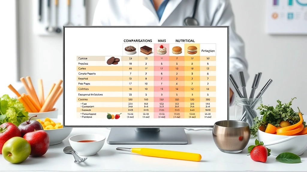A colorful comparison chart visualization displayed on a nutritionist's desk showing different desserts and their nutritional values, with measuring tools and healthy food items surrounding it, professional healthcare environment