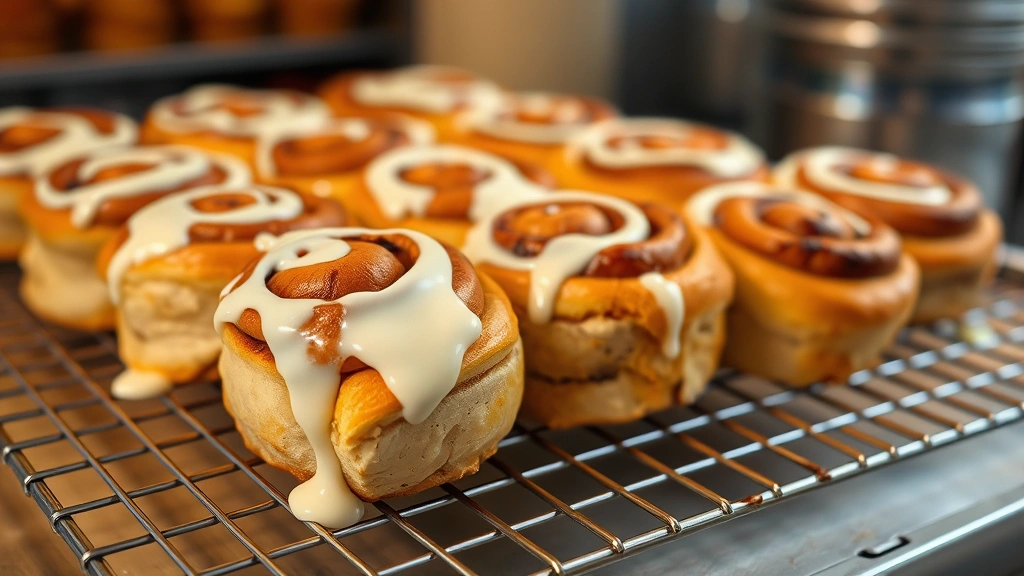 Artisanal cinnamon rolls cooling on wire rack, golden-brown swirled dough, cream cheese frosting dripping, warm bakery atmosphere, professional food photography, depth of field