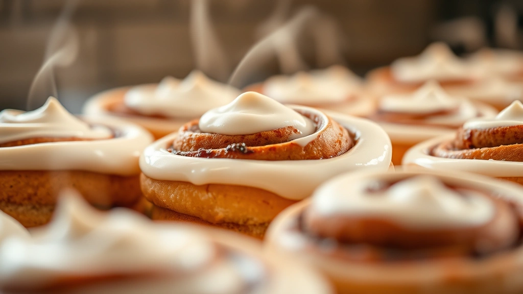 Close-up of fresh cinnamon rolls with cream cheese frosting, steam rising, warm bakery lighting, shallow depth of field focusing on swirled texture and frosting layers
