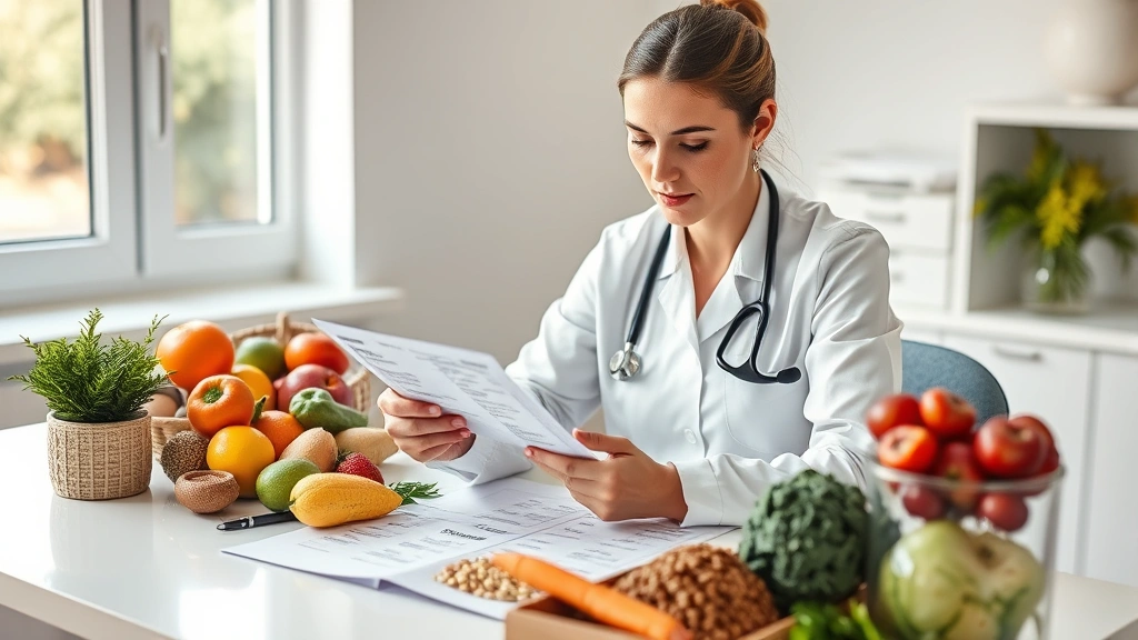 Nutritionist reviewing food labels and dietary charts on desk, fresh fruits and whole grains visible, professional healthcare setting, natural window lighting, healthy eating concept