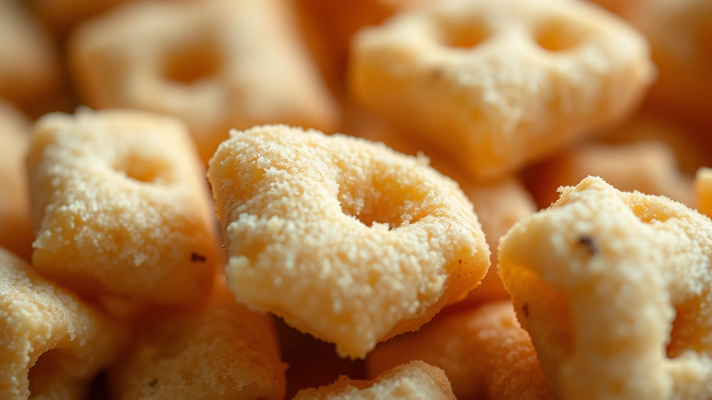 Close-up macro photography of cereal pieces showing texture and granular sugar coating, shallow depth of field, warm natural lighting highlighting food details