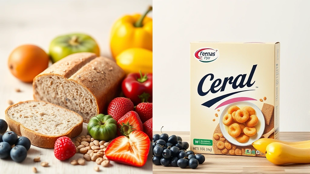 Split-screen comparison showing whole grain bread and fresh fruits on left side versus processed cereal box on right, minimalist composition with clean backgrounds
