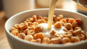 Close-up of cereal bowl with milk pouring, cinnamon-colored pieces visible, morning kitchen lighting, natural breakfast setting, no text or labels visible