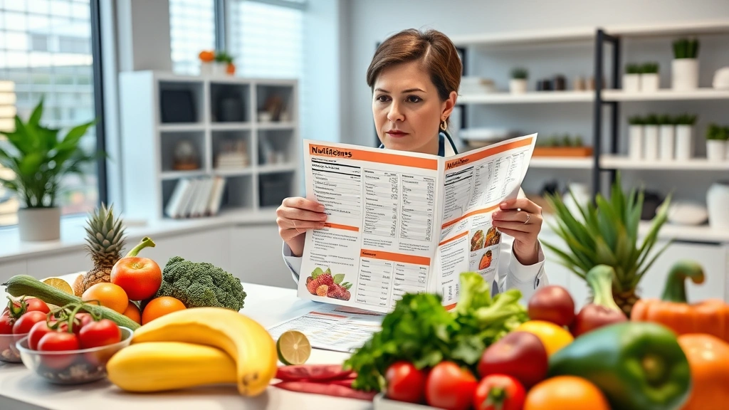 Nutritionist reviewing nutrition labels and food data on modern desk with fresh fruits and vegetables, professional healthcare environment, detailed examination of dietary information