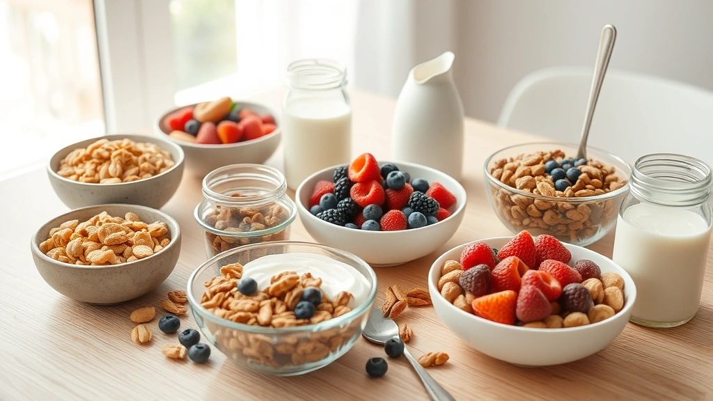 Family breakfast table with diverse healthy cereals, fresh berries, yogurt, nuts, and milk alternatives arranged, natural daylight, wholesome morning meal scene, no brand logos