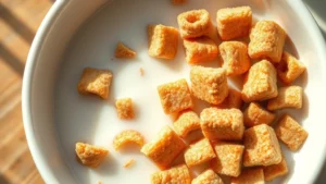 Close-up of cinnamon toast crunch cereal pieces and milk in a white ceramic bowl, shot from above with natural morning sunlight, photorealistic texture detail