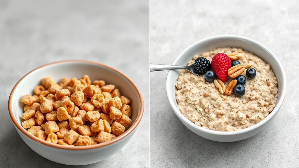 Split-screen comparison showing bowl of cinnamon toast crunch cereal next to bowl of steel-cut oatmeal with berries and nuts, neutral background, professional food photography