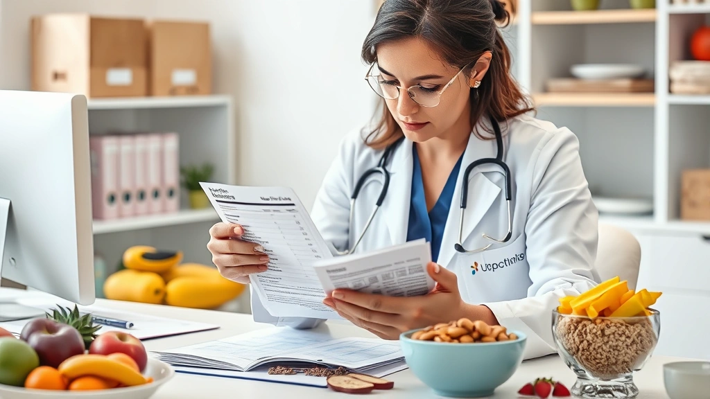 Nutritionist reviewing nutrition labels and ingredient lists at desk with fresh fruits and whole grains visible, professional healthcare setting, focused analytical moment