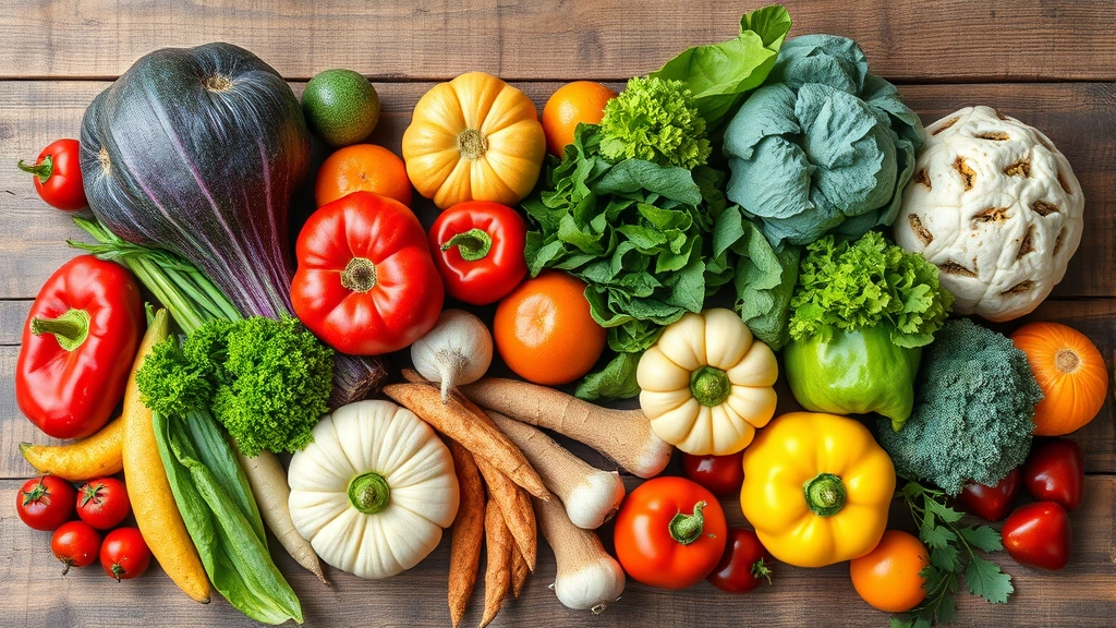 Diverse fresh organic and conventional produce arranged together on rustic wooden surface with natural lighting, showing colorful vegetables and fruits without visible labels or text, photorealistic style