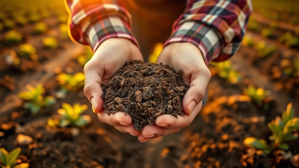 Close-up of farmer's hands holding soil in organic farm field during golden hour, showing earth texture and natural agricultural environment, no visible signage or text, professional photography
