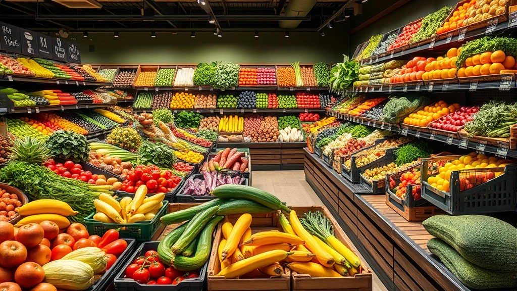 Grocery store produce section with abundant colorful vegetables and fruits displayed in bins and crates, natural market lighting, no price tags or signage visible, vibrant and inviting composition