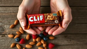 Close-up of hands holding an unwrapped Clif Bar over a wooden surface with scattered almonds and fresh berries, natural lighting, showing texture and wholesome contrast