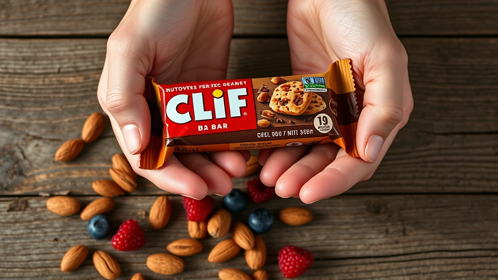 Close-up of hands holding an unwrapped Clif Bar over a wooden surface with scattered almonds and fresh berries, natural lighting, showing texture and wholesome contrast