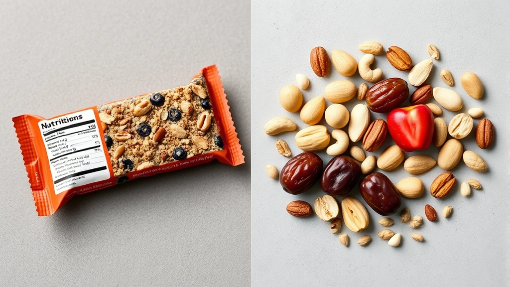 Split-screen comparison: left side shows a Clif Bar with nutrition label visible, right side shows whole foods (nuts, dates, fresh fruit) arranged artfully on neutral background