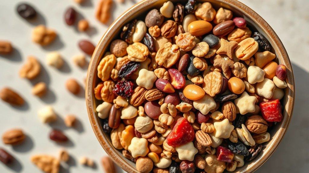 Overhead shot of a trail mix bowl with various nuts, dried fruits, and seeds in natural daylight, representing healthy whole-food snack alternatives to processed bars