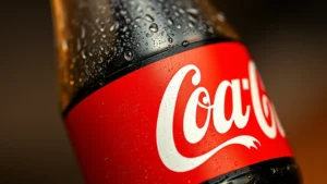 Close-up of a cold Coca-Cola bottle with condensation droplets, vibrant red label visible, minimalist professional product photography style, warm lighting, shallow depth of field, no text visible on label