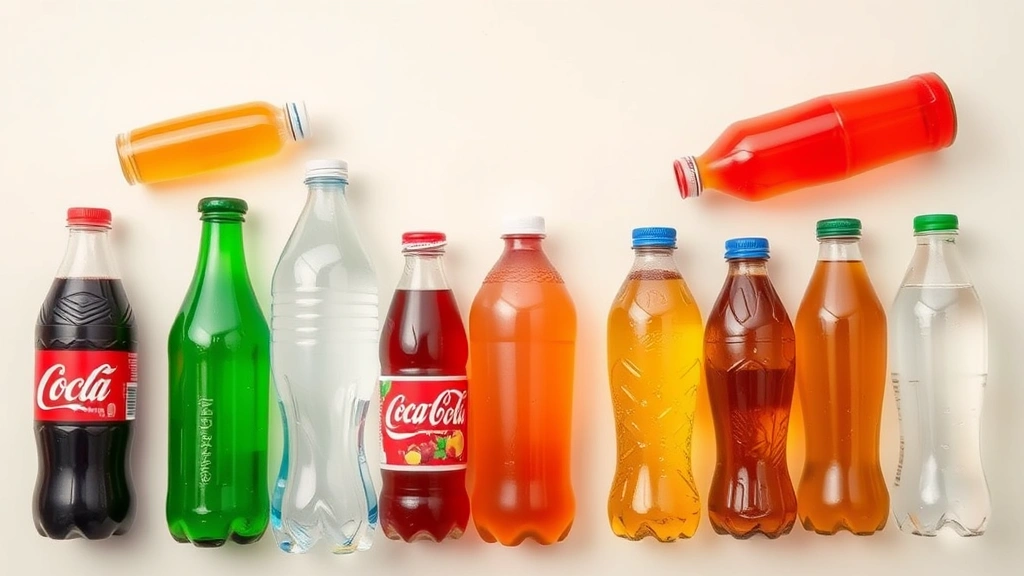 Flat lay arrangement of various beverage bottles including cola, water, and tea on neutral background, showing different drink choices and options, natural daylight, clean modern aesthetic, no labels with text readable
