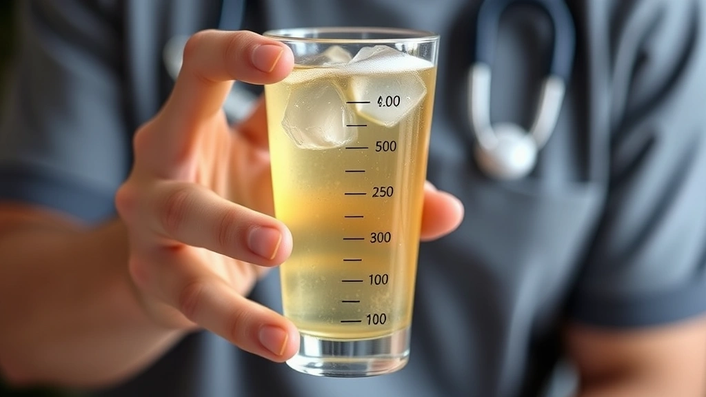 Person holding a cold beverage glass with measurement markings, showing portion size comparison, soft natural lighting, professional health and nutrition context, blurred background, no identifiable text or numbers on glass