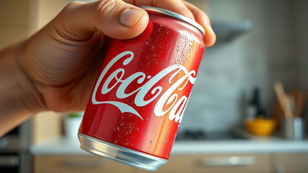 Close-up of a Coca-Cola can being held with condensation droplets visible, modern kitchen background, natural daylight, photorealistic detail of beverage packaging and carbonation
