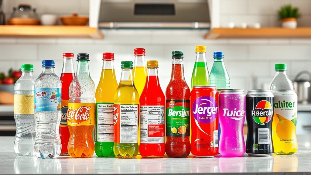 Colorful arrangement of various beverage bottles and cans including soft drinks, water, and juice on a bright kitchen counter with nutrition label visible, vibrant natural lighting