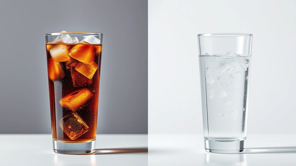 Split-screen comparison showing a glass of cola with ice on one side and a glass of water on the other, minimalist background, professional product photography style, clear beverage distinction